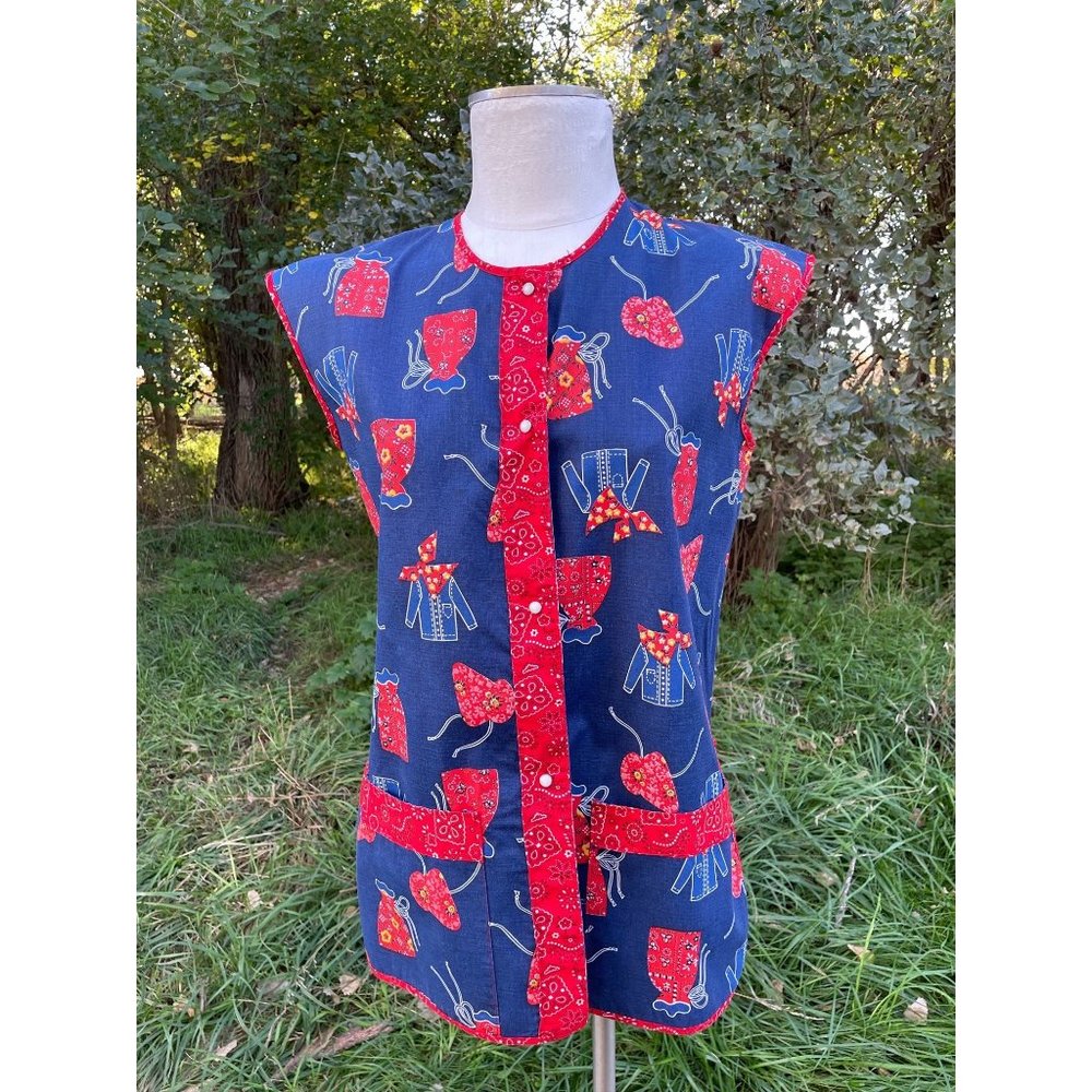 Vintage Full Smock Apron Hippy Bandana Print Red Blue